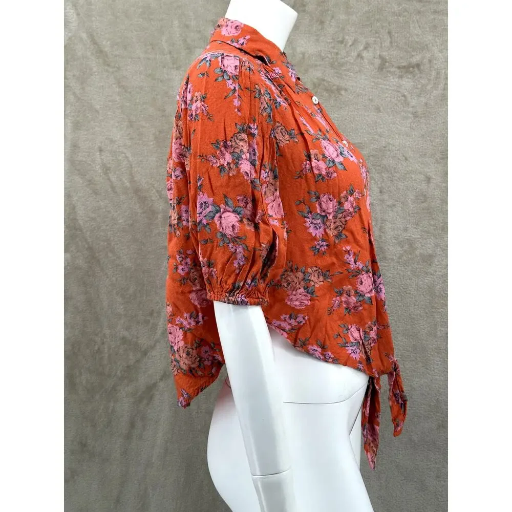 Free People Top Womens Small Orange Celia Floral Front Tie Bloomcore Boho Summer
